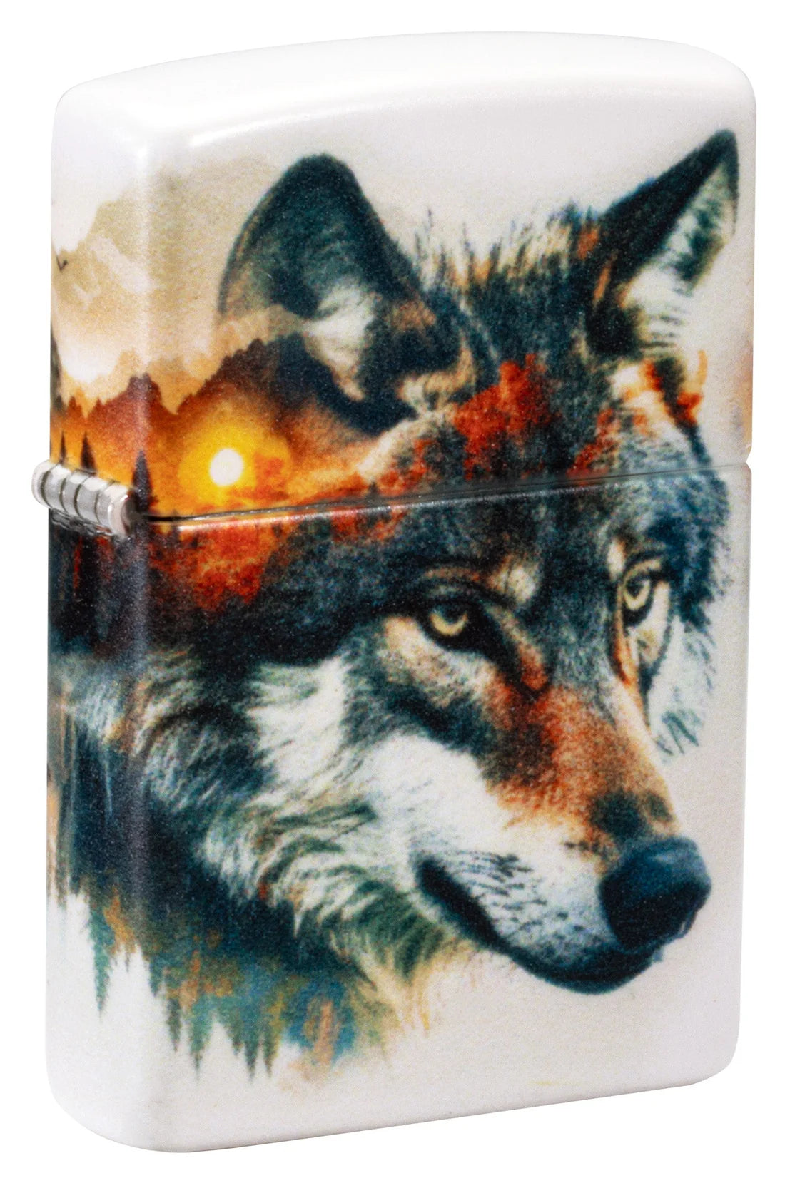 Zippo Feuerzeug Wolf Motiv Vorderseite mit Landschaft im Sonnenuntergang