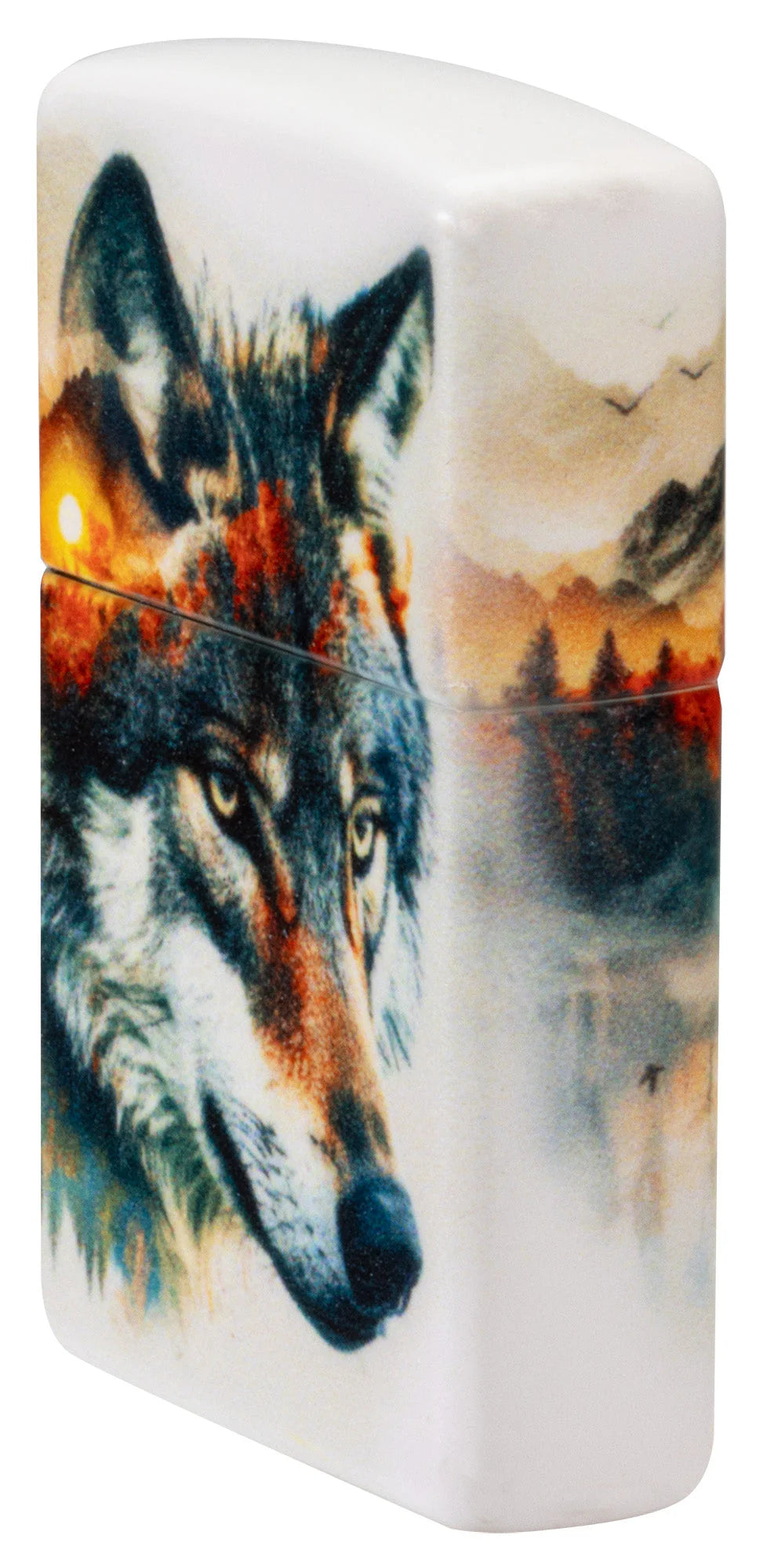 Zippo Feuerzeug Wolf Seitenansicht mit Berglandschaft
