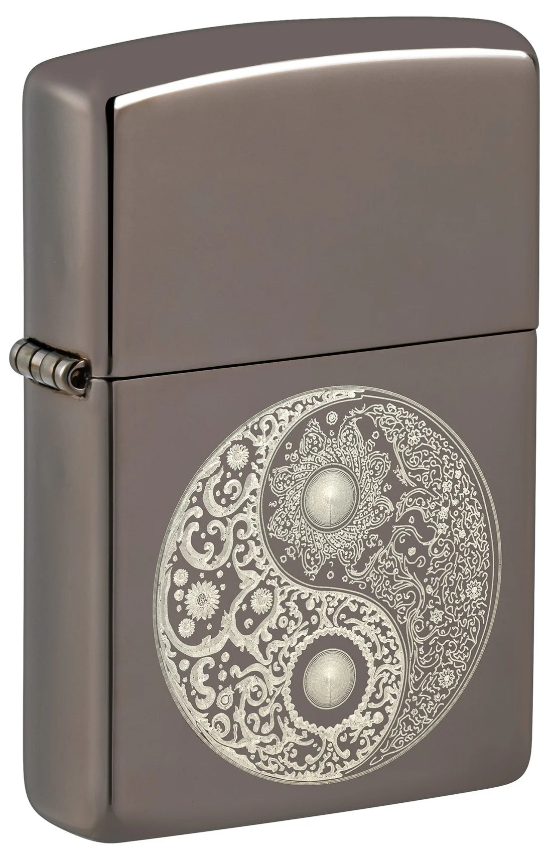 Schwarzes Zippo Black-Ice-Feuerzeug mit runder Lasergravur, Frontansicht