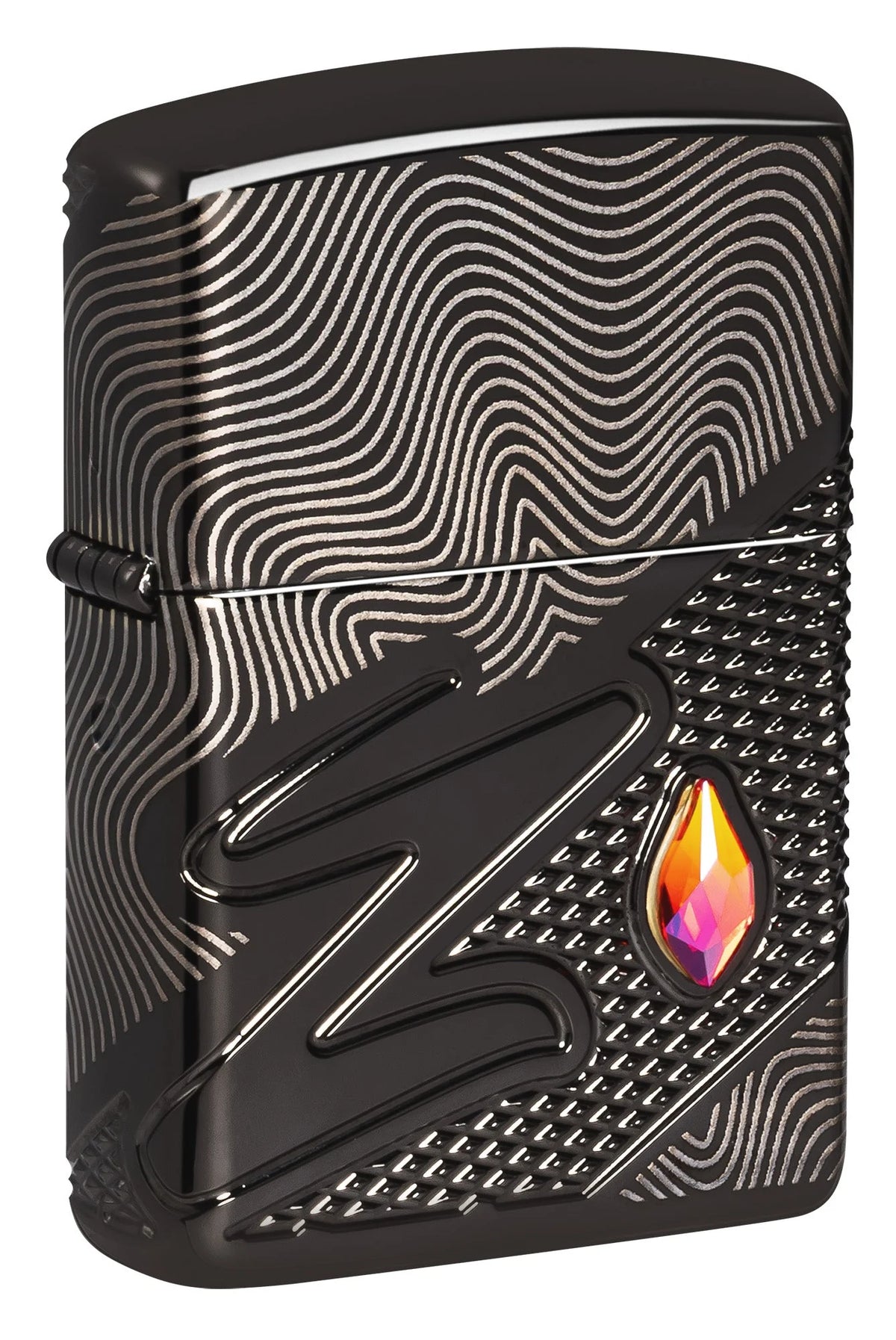 Zippo Z-Luxury Frontansicht mit schwarzem Gehäuse, silbernem Linienmuster und farbigem Kristall
