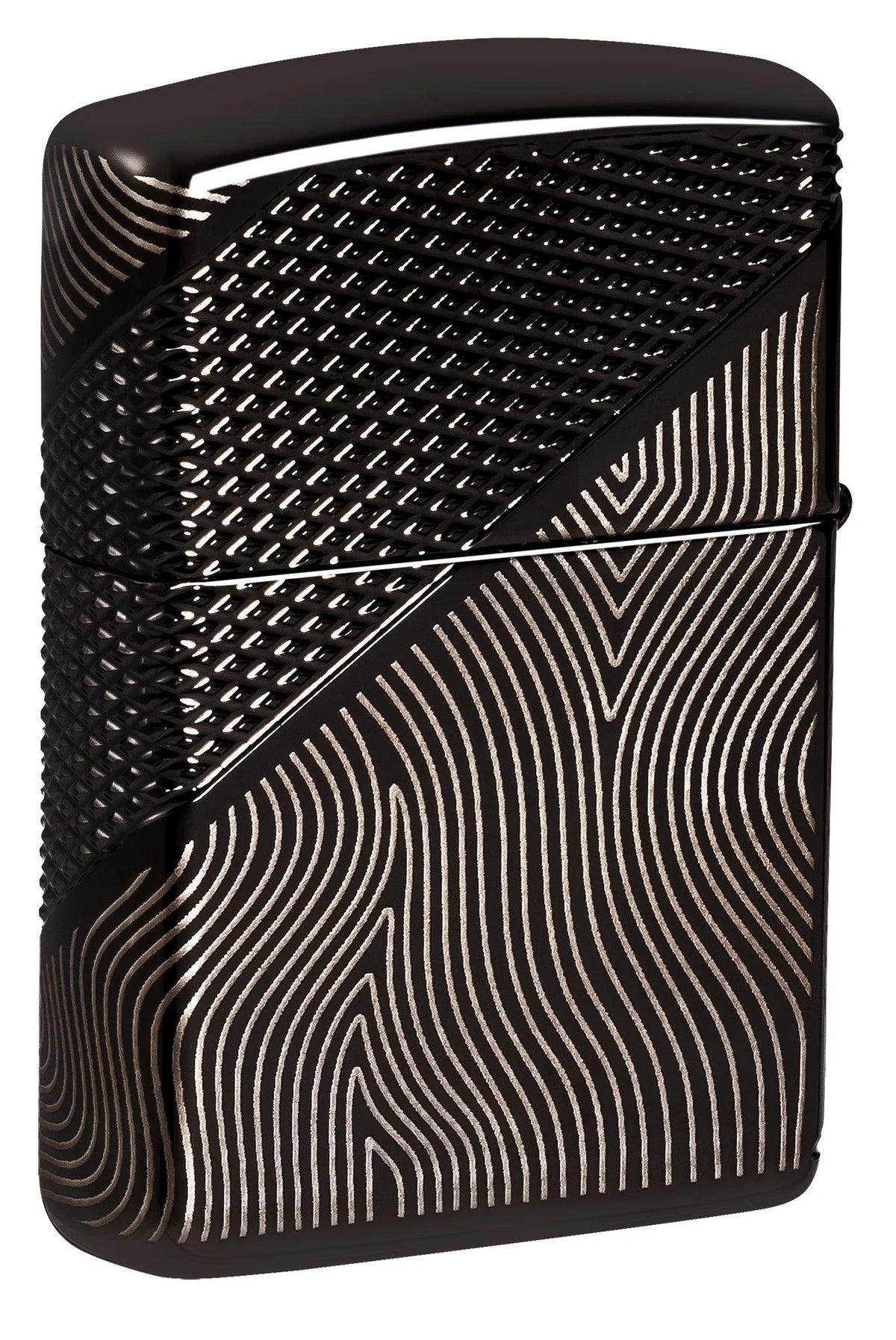 Zippo Z-Luxury Rückseite mit feinen Linien, schwarzer Hochglanzfläche und strukturierter Oberseite