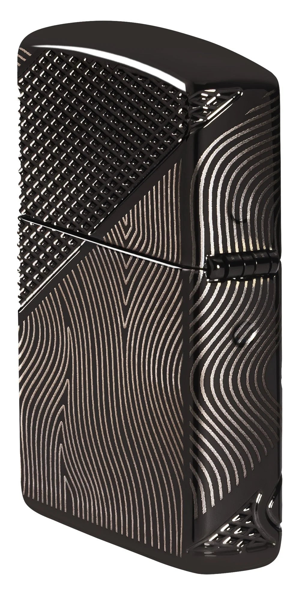 Zippo Z-Luxury seitliche Rückansicht mit Scharnier, Linienmuster und glänzender Armor Oberfläche