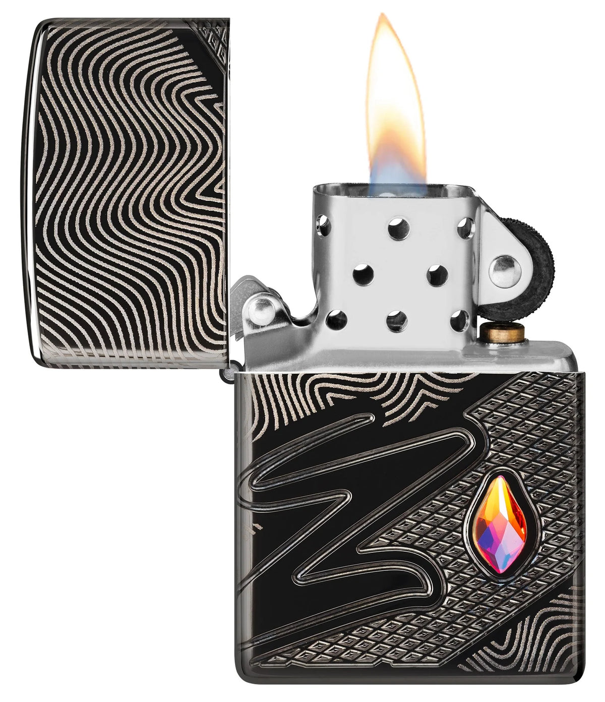 Zippo Z-Luxury geöffnet mit silbernem Einsatz, Flamme, schwarzem Gehäuse und Kristall-Detail