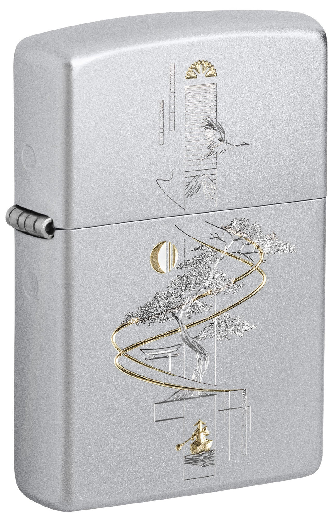 Zippo Feuerzeug Satin Chrome mit Auto Two Tone Gravur, geschlossen, japanisches Zen-Design