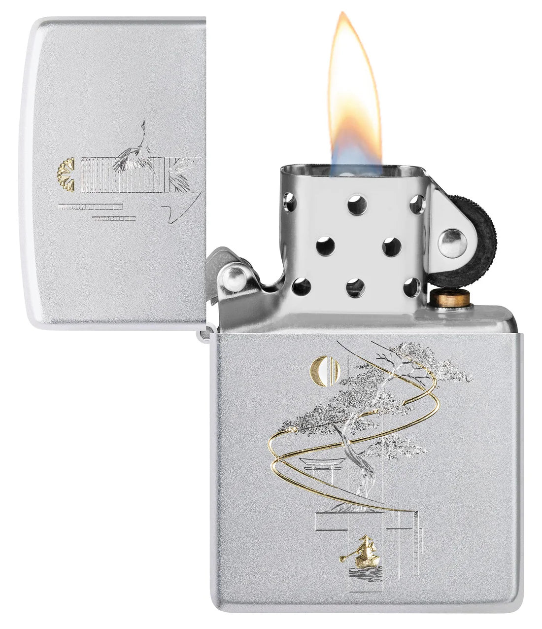 Offenes Zippo Feuerzeug Satin Chrome mit brennender Flamme und zweifarbigem Zen-Motiv