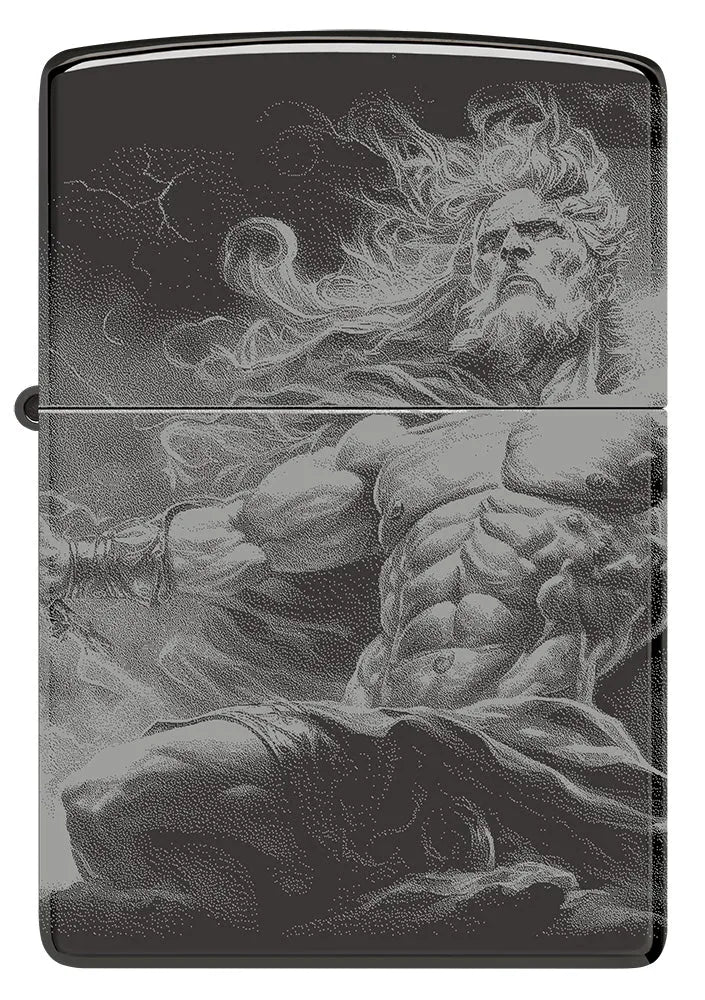 Frontalansicht eines schwarzen Zippo-Feuerzeugs mit aufwendigem Zeus-Design, das Stärke und Macht des Göttervaters symbolisiert