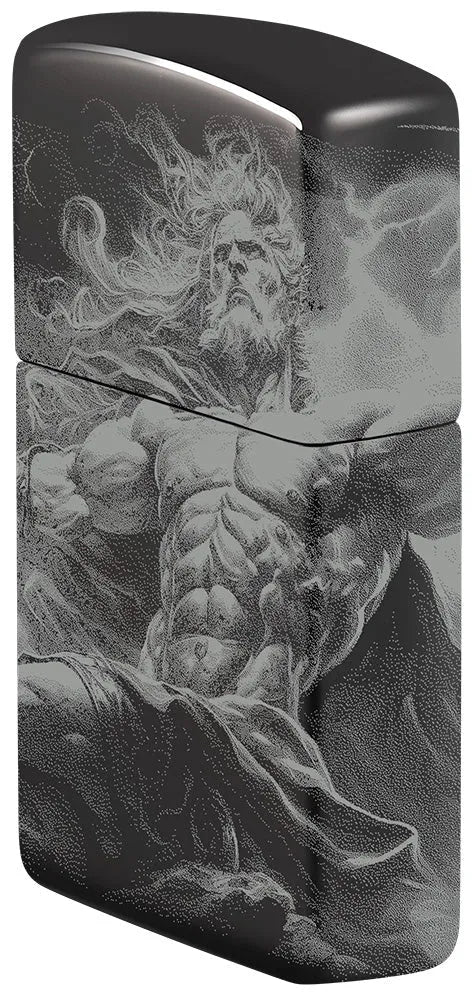 Zippo-Feuerzeug mit seitlicher Zeus-Gravur in heroischer Darstellung, perfekt für Sammler mythischer Designs.