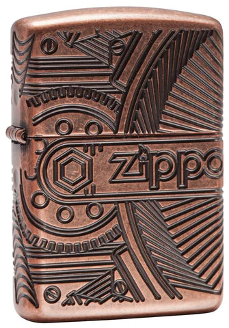 Diese wunderbare Zippo Armor Antique Copper Feuerzeug steht ganz im Zeichen von mechanischen Formen und Funktionen. Sehr schön im 360° MultiCut Verfahren hergestellt. Ein geniales Zippo.