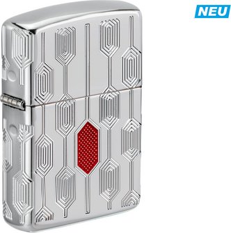 Wunderbare geometrische Formen mit einem Epoxy Inlay. Ein excellent designtes Armor High Polished Chrome Zippo Feuerzeug. Äusserst edel gelasert, wunderbar umgesetzt.