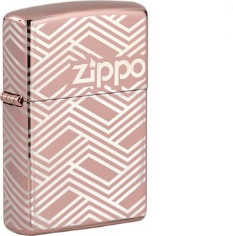 Ein super rundum gelasertes High Polished Rosé Gold Zippo Feuerzeug. Das Zippo Logo ist wunderbar in geometrische Formen eingebettet.