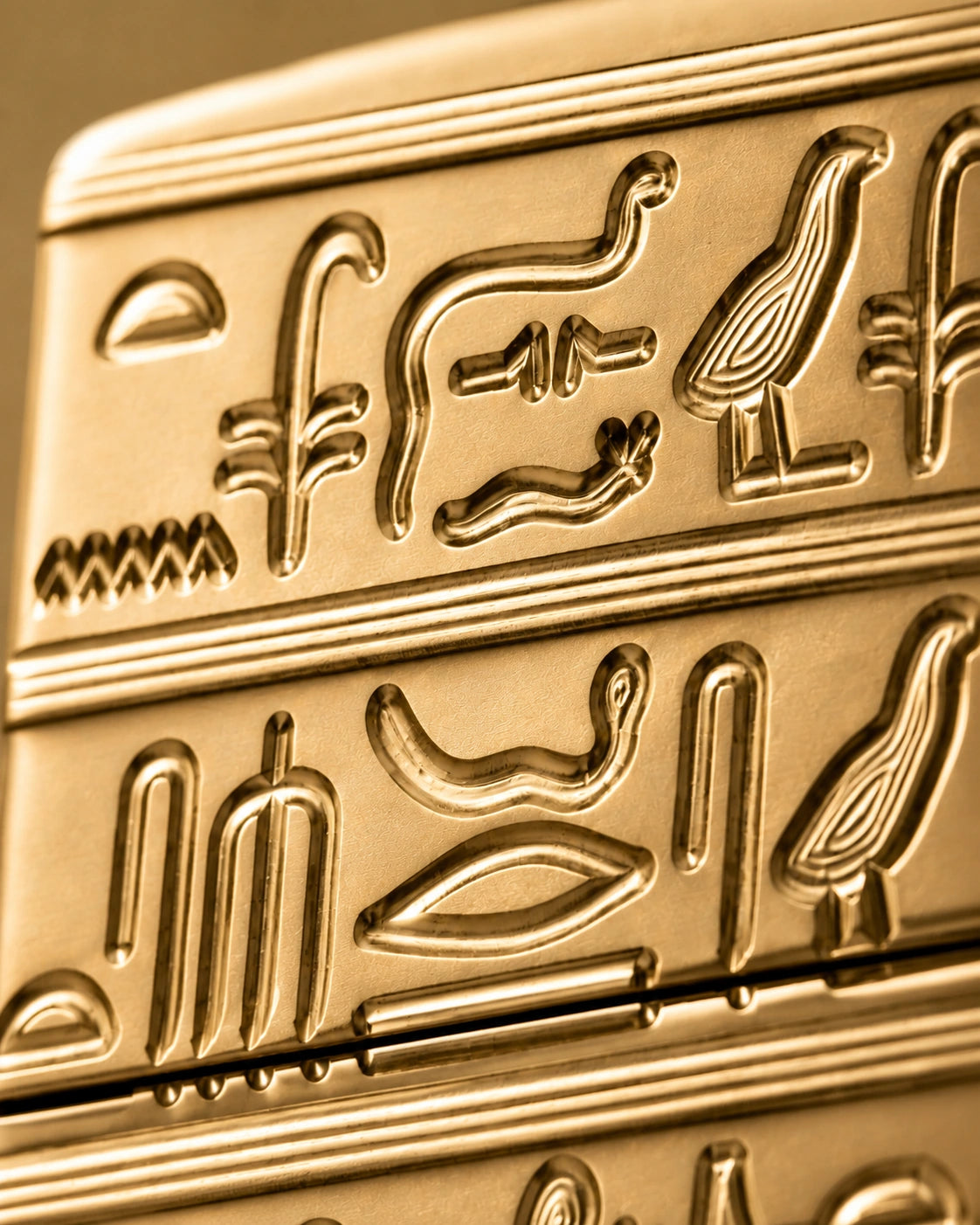 Makroaufnahme der Deep Carved Hieroglyphen auf Zippo High Polished Brass