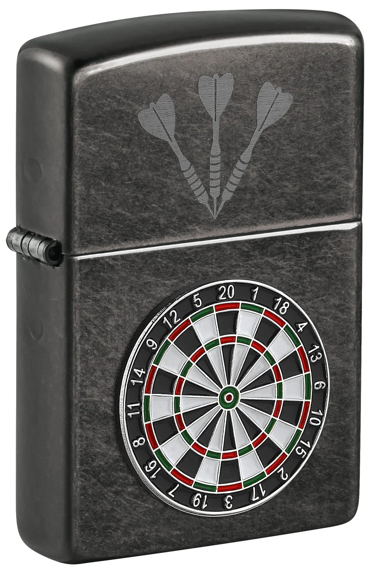 Zippo Feuerzeug Dart Scheibe Emblem mit Classic Grey Oberfläche und Dartpfeil-Lasergravur