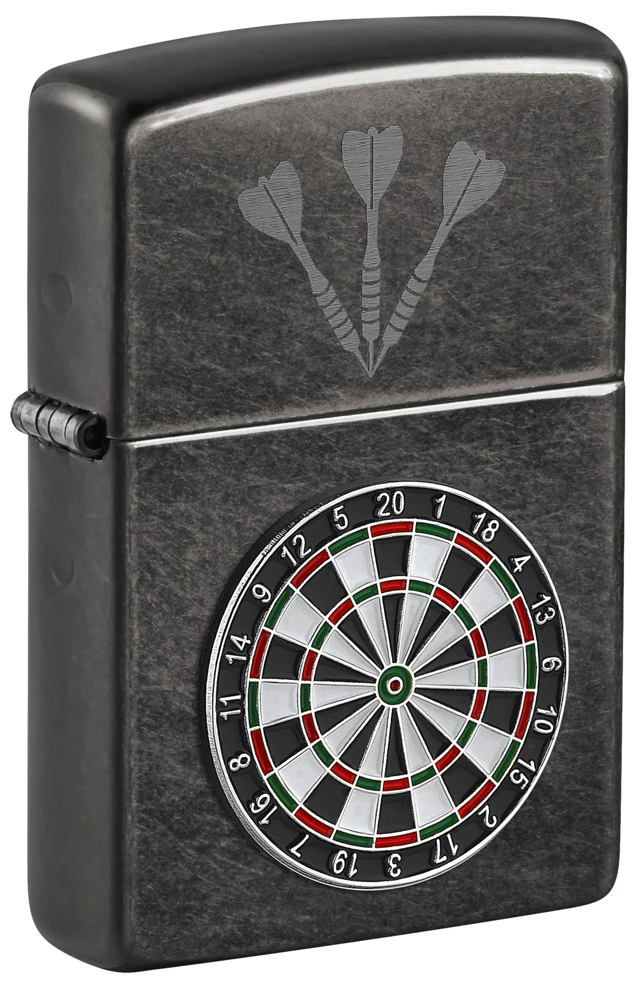 Zippo Feuerzeug Dart Scheibe Emblem mit Classic Grey Oberfläche und Dartpfeil-Lasergravur