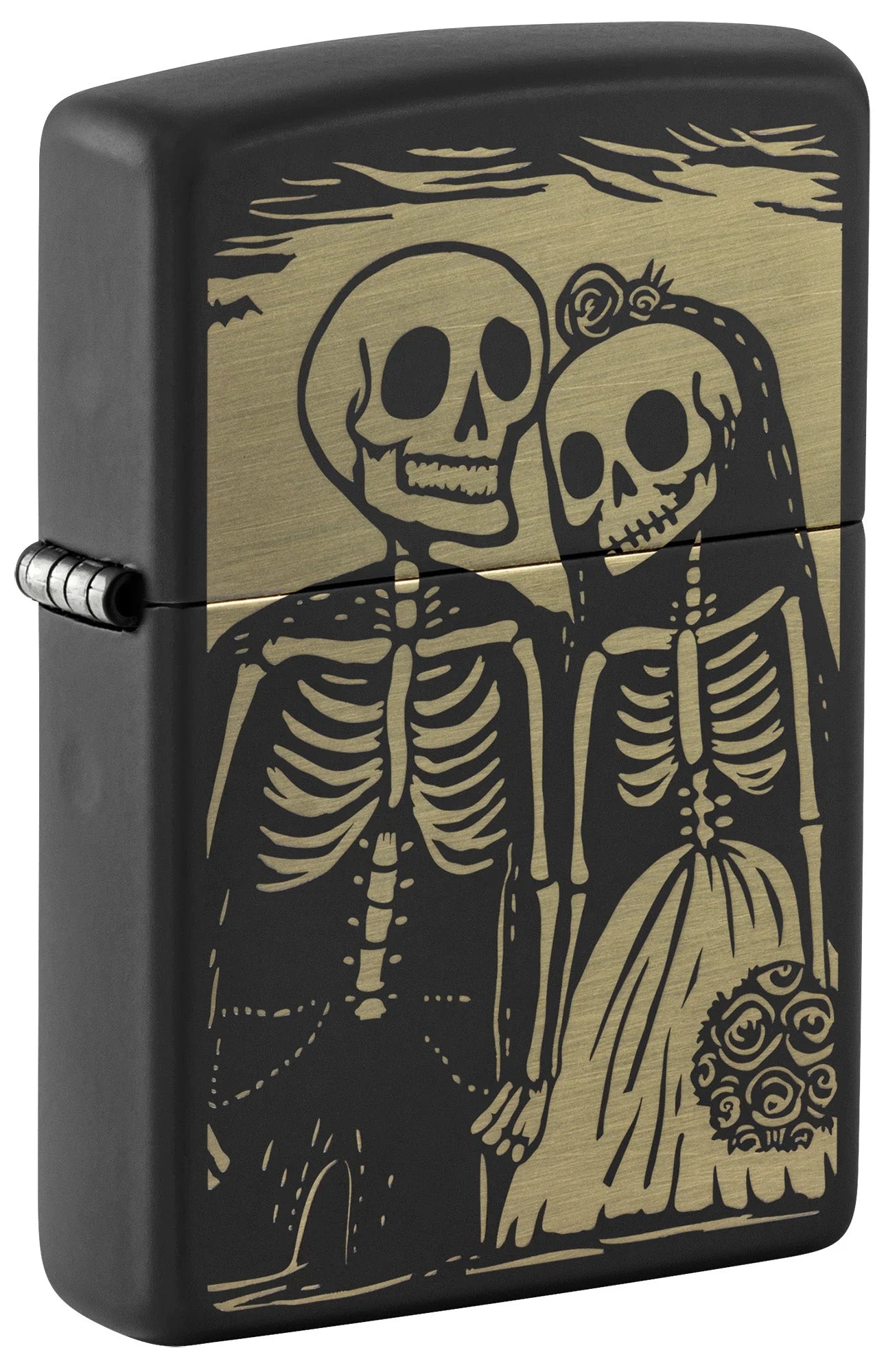 Zippo Love for ever Black Matte mit Skelett-Paar Motiv und goldfarbener Lasergravur