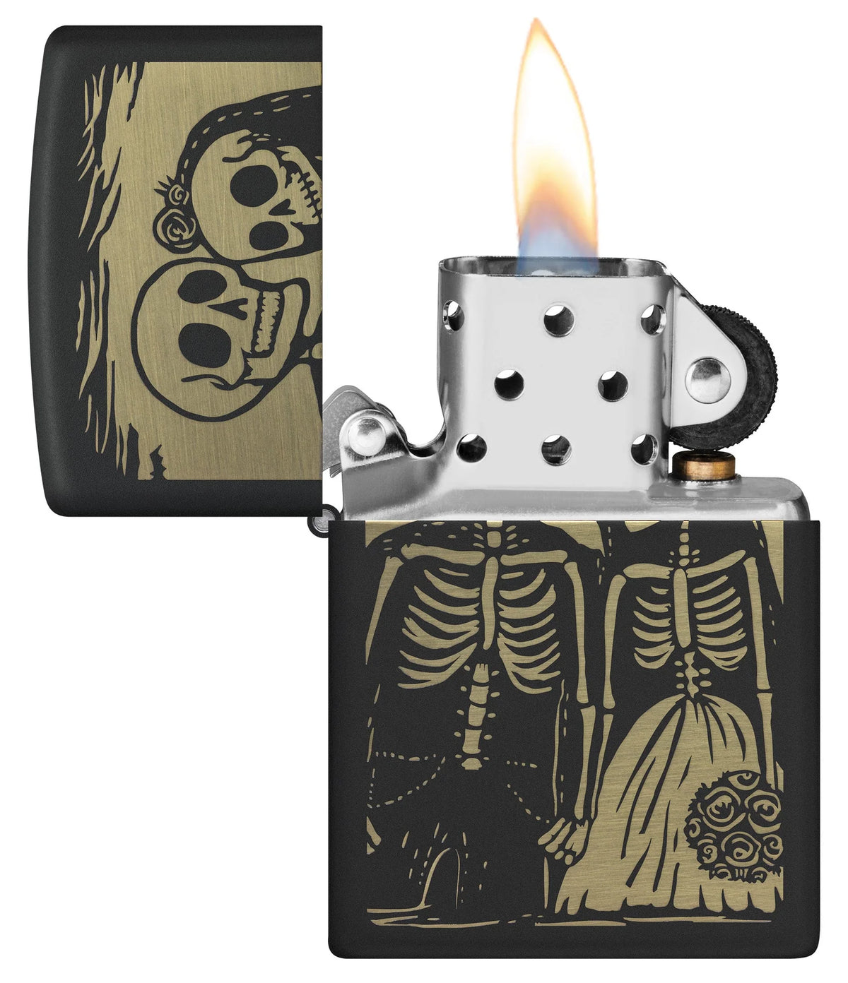 Zippo Love for ever geöffnet mit Flamme, Black Matte Gehäuse und Skelett-Paar Design