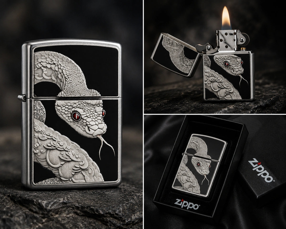 Zippo Feuerzeug Schlangen Zauber mit Detailansichten, Flamme und Geschenkverpackung
