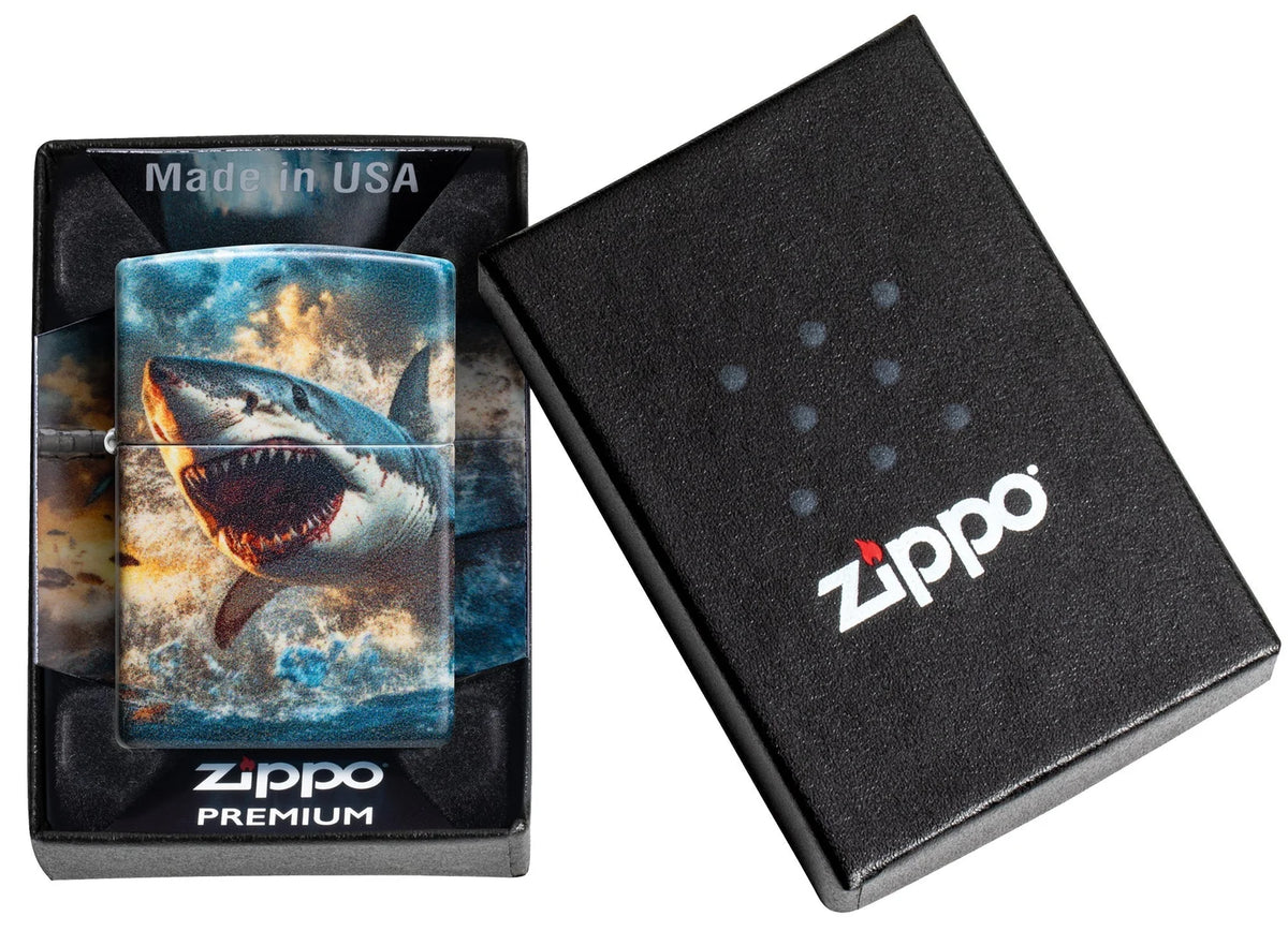 Zippo Shark Hell Feuerzeug in Premium Verpackung mit Made in USA Einsatz und schwarzer Box