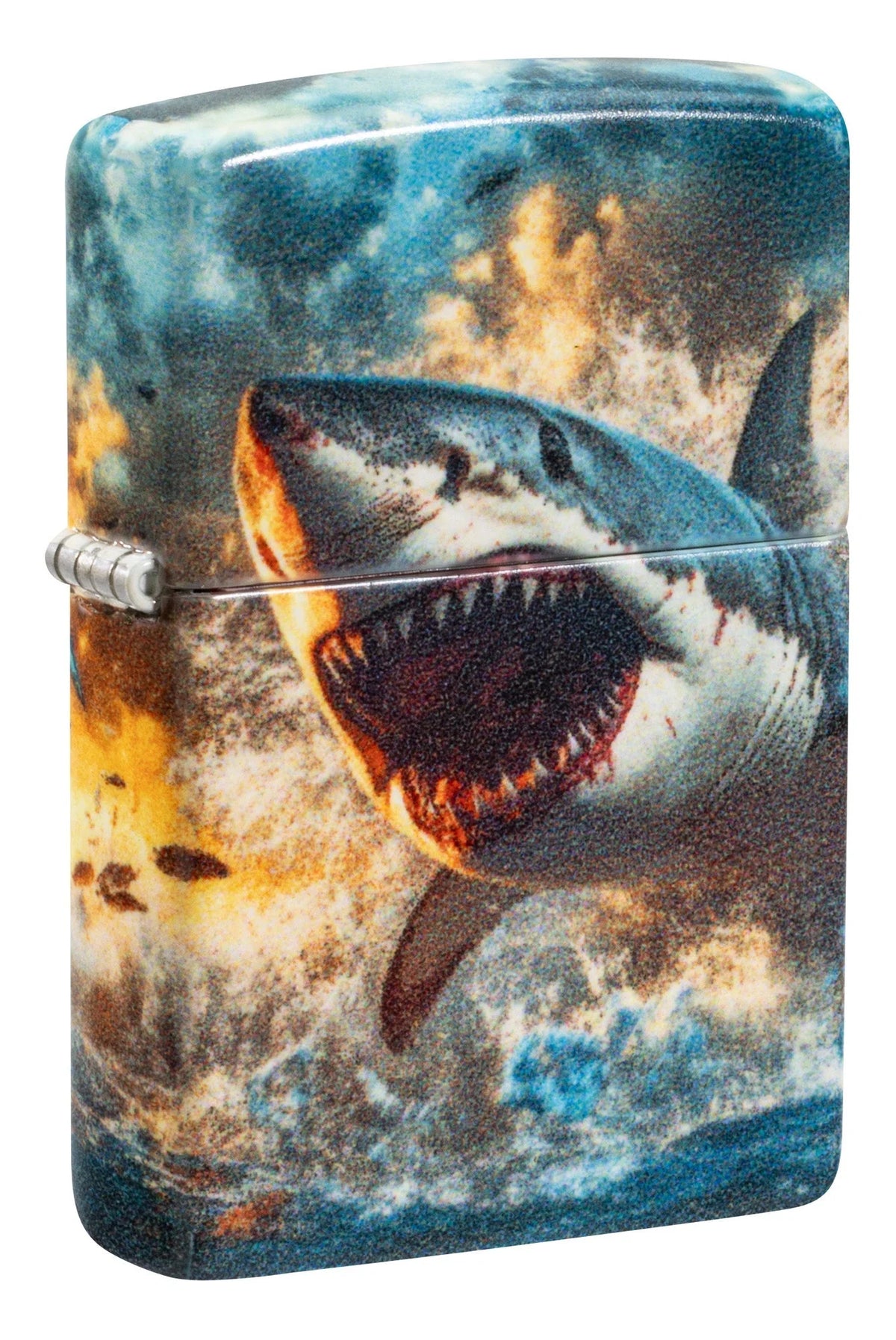 Zippo Shark Hell Feuerzeug Frontansicht seitlich mit Hai-Motiv, Wellen und orangeblauem Farbeindruck
