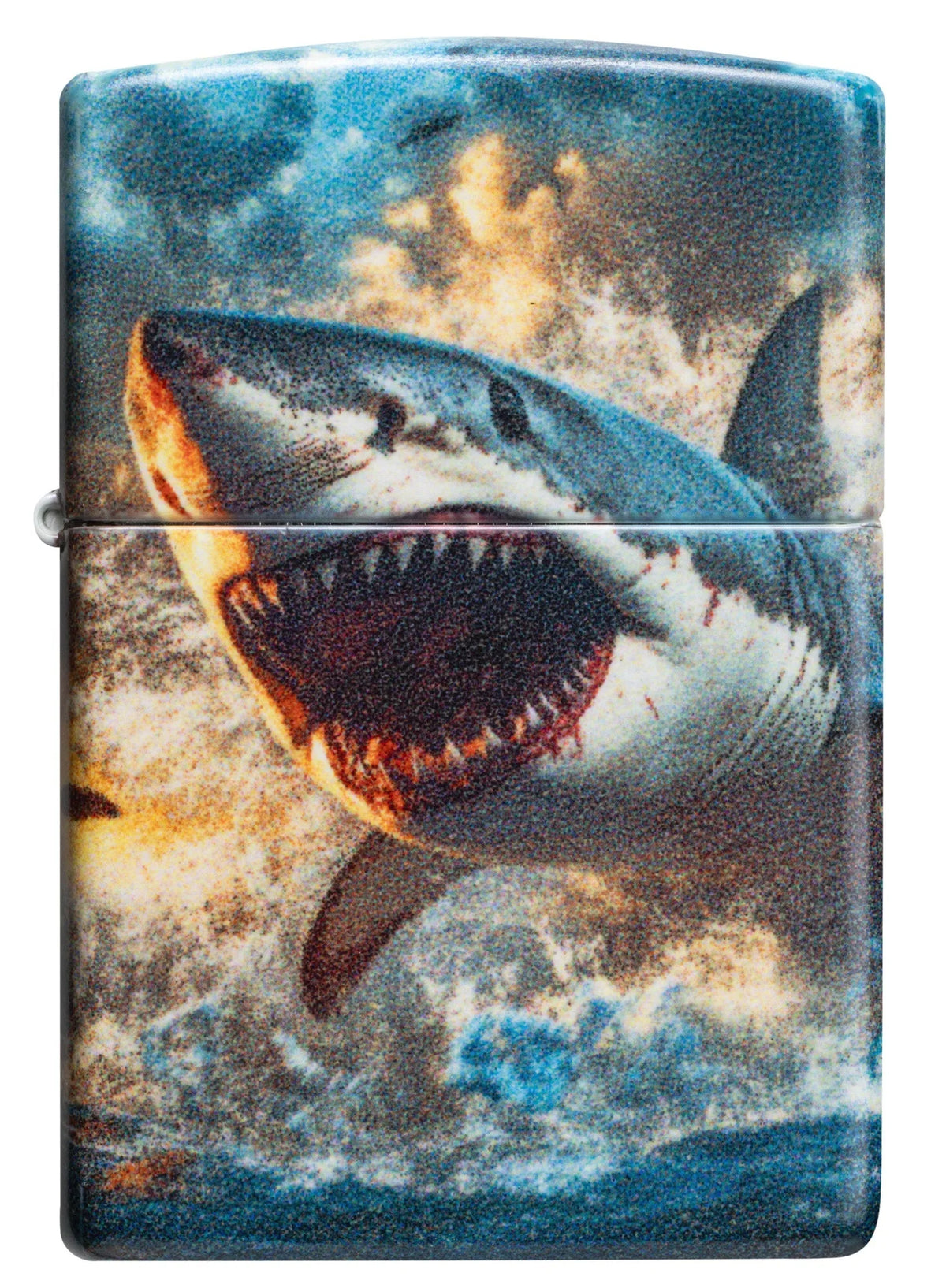 vorderseite.webp
Zippo Shark Hell Feuerzeug Frontansicht mit Hai-Motiv, Wellen und orangeblauem Farbeindruck