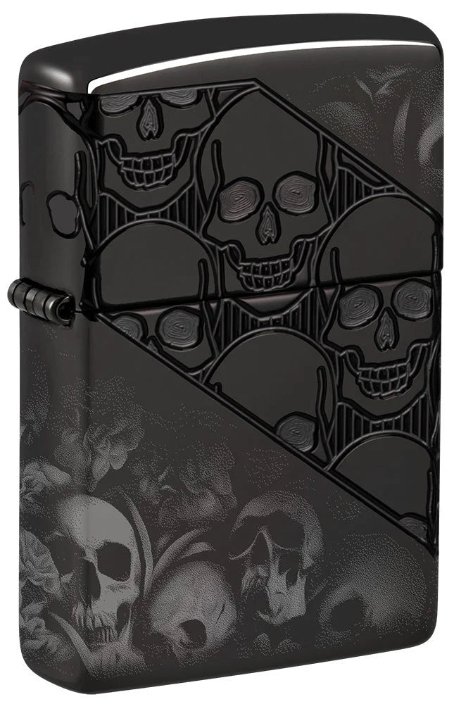 Zippo Totenköpfe High Polish Black Frontansicht mit Armor Gehäuse und dunklem Skull-Design