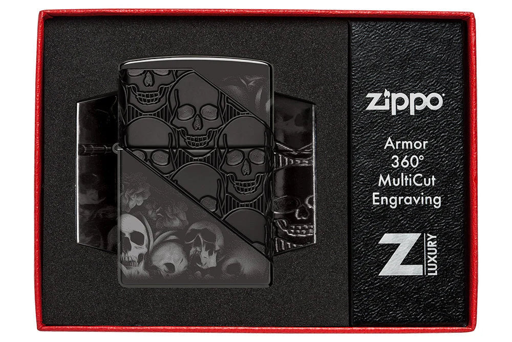 Zippo Totenköpfe High Polish Black in Luxury Geschenkverpackung mit Armor 360° Multi Cut Hinweis