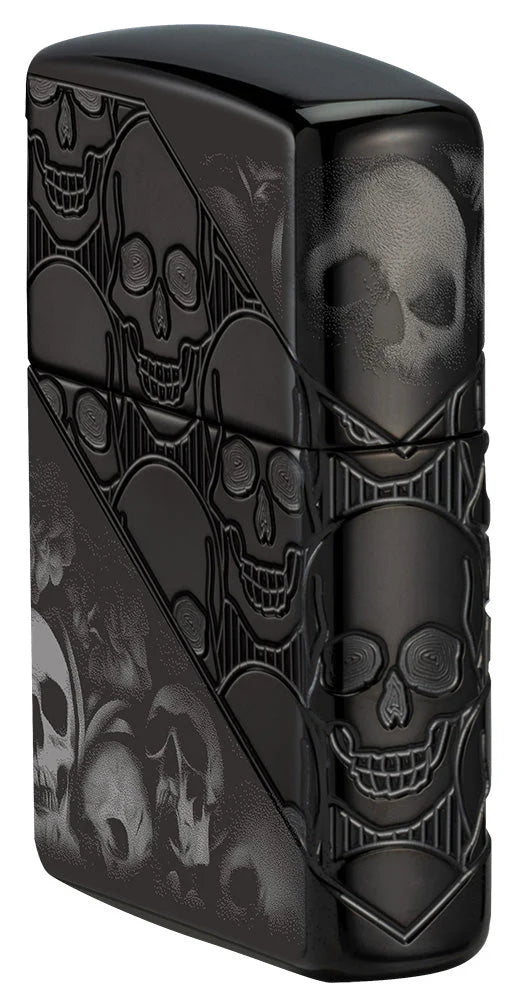 Zippo Totenköpfe High Polish Black Seitenansicht mit 360° Photo-Image und Skull-Motiv