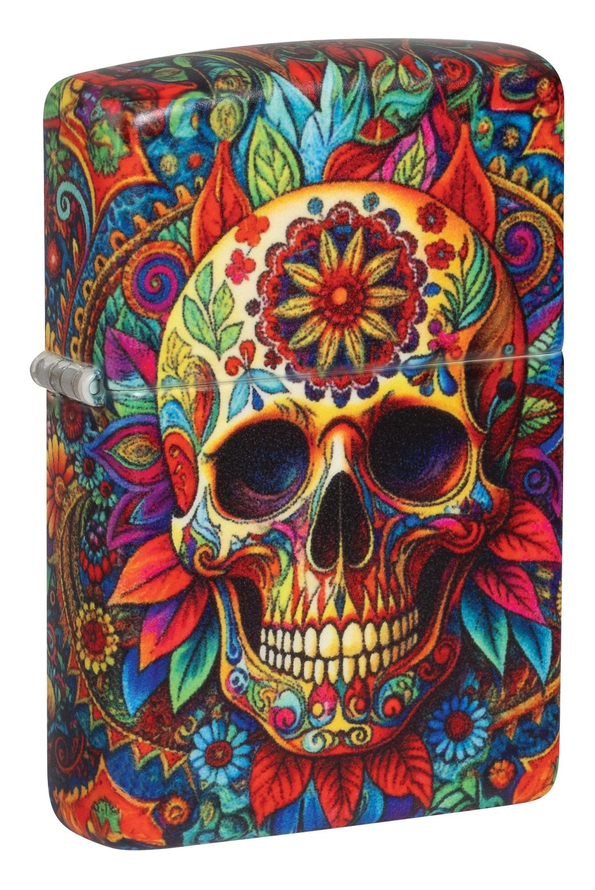 Zippo Feuerzeug Totenkopf Día de Muertos Frontansicht mit farbigem Skull und Blumenmotiv