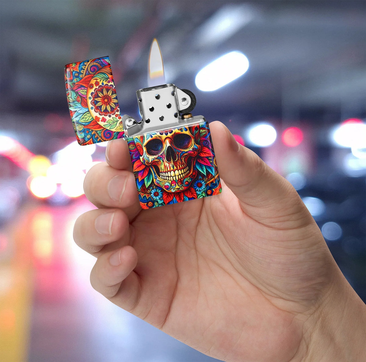 Geöffnetes Zippo Totenkopf Día de Muertos in der Hand mit sichtbarem Einsatz und 540 Grad Motiv