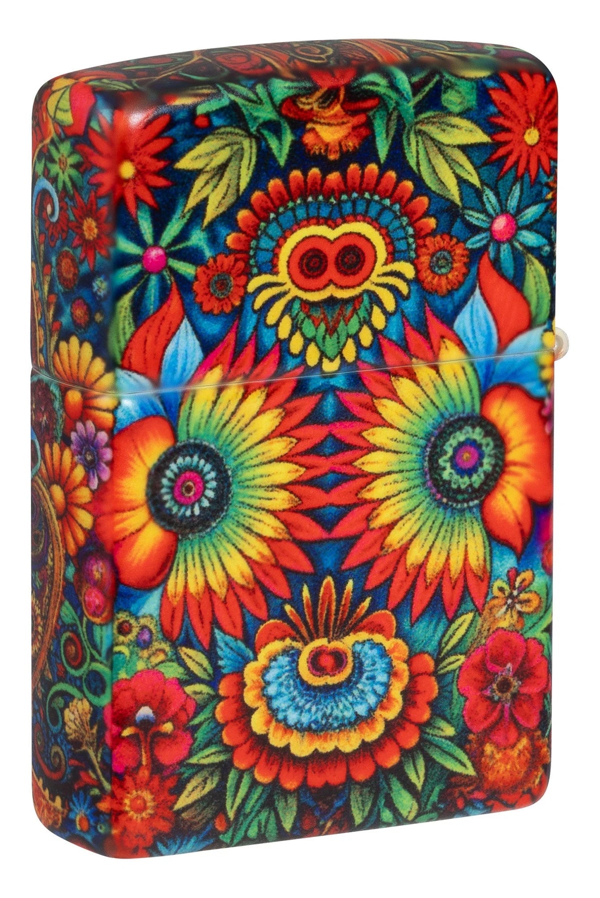 Rückseite Zippo Totenkopf Día de Muertos mit farbigen Blumen, Blättern und Ornamenten