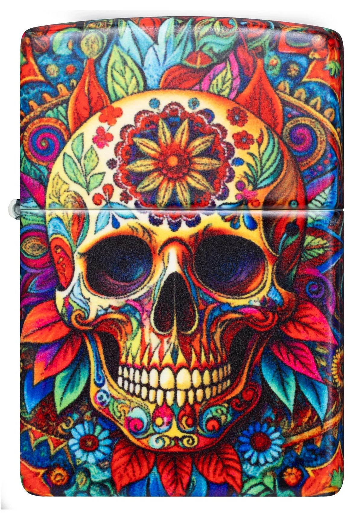 Frontales Zippo Totenkopf Día de Muertos mit dekoriertem Skull, Blumen und 540 Grad Design