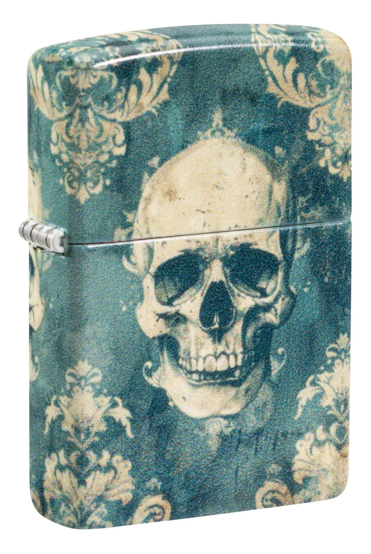 Zippo Totenkopf Feuerzeug mit türkisgrünem Ornamentmuster und matter Oberfläche