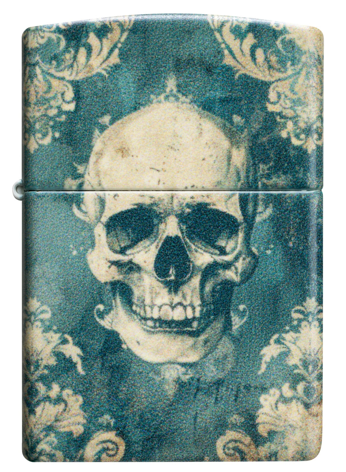 Zippo Feuerzeug Totenkopf auf Wandteppich Frontansicht mit hellem Skull-Motiv