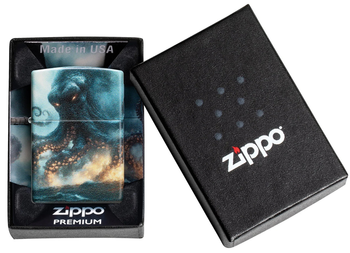 Zippo Feuerzeug wütender Krake in Premium Verpackung mit Made in USA Einsatz und schwarzer Box