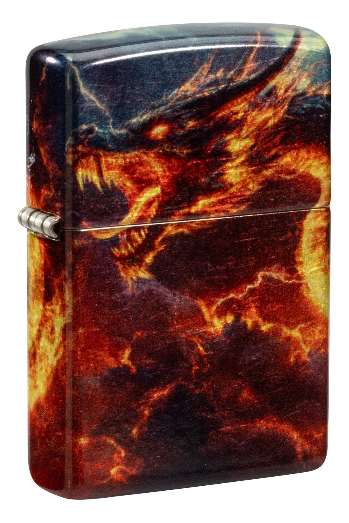 Zippo Drachen Feuerzeug mit feurigem Motiv auf 540 Grad Tumbled Brass Oberfläche