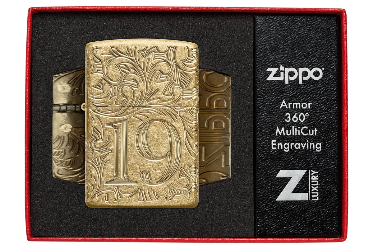 Zippo Filigree Armor 1932 in Luxury Verpackung mit schwarzem Inlay und Armor 360° Hinweis