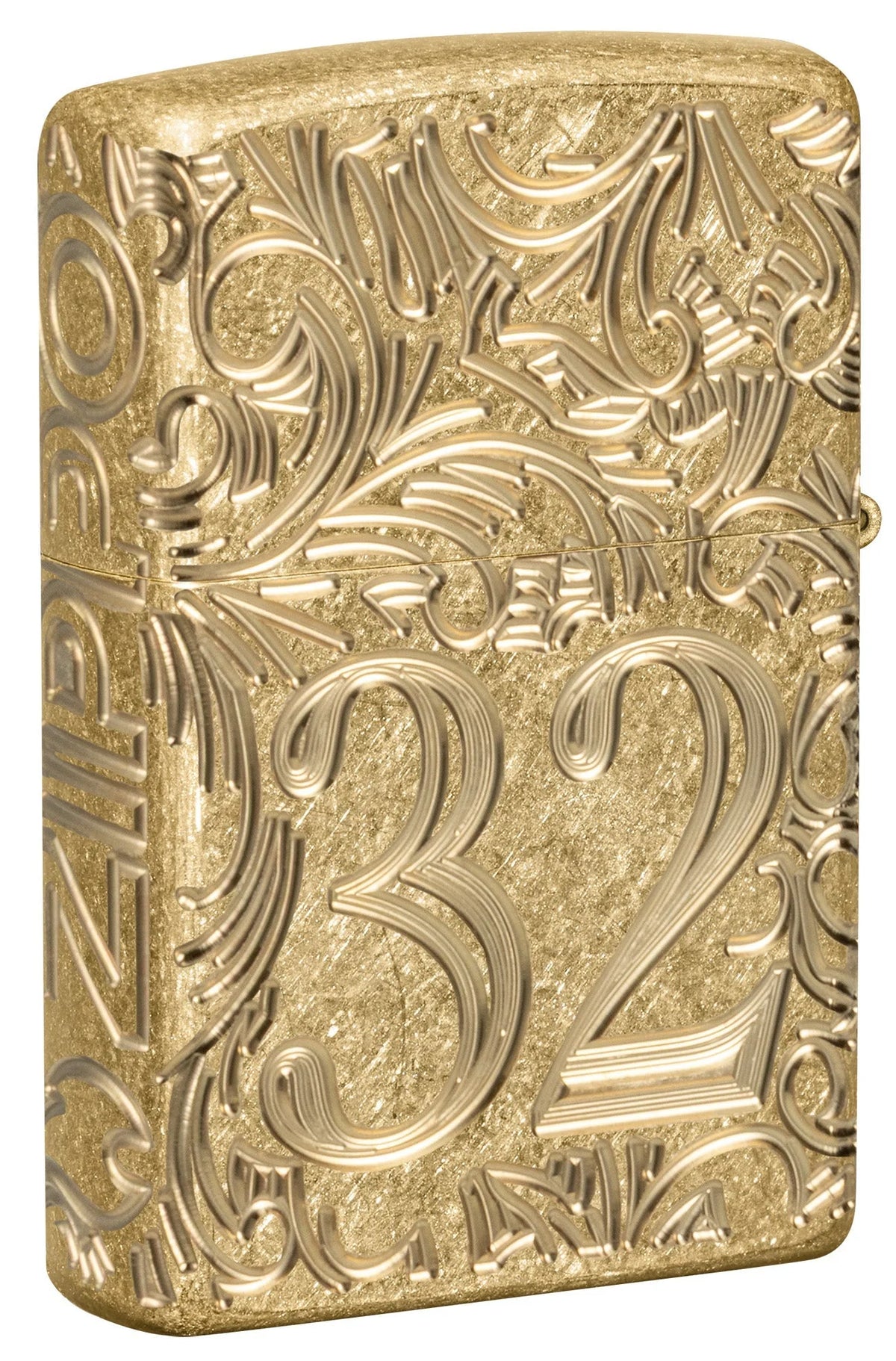 Zippo Filigree Armor 1932 Rückseite mit grosser Zahl 32 und goldfarbenem Ornamentdesign