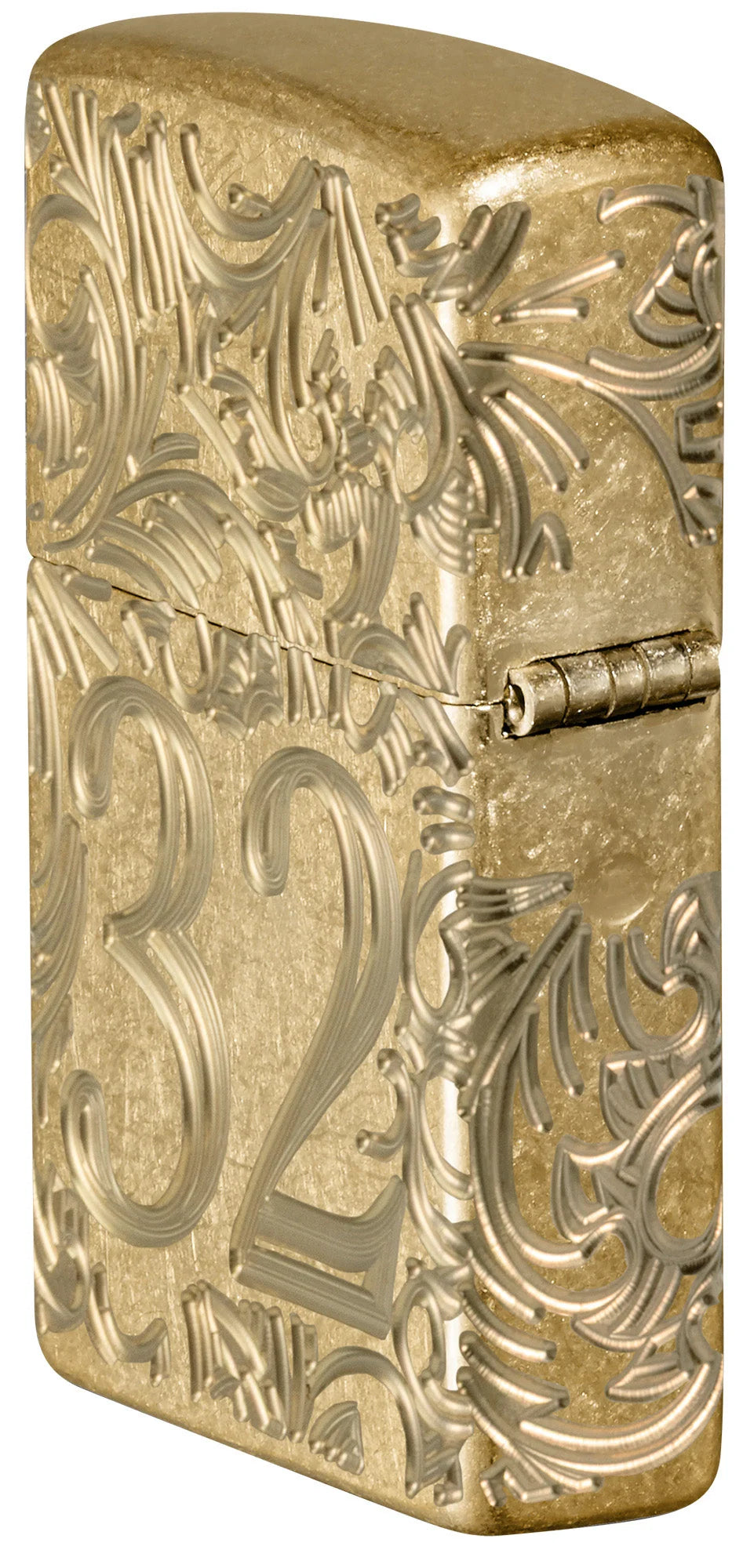 Zippo Filigree Armor 1932 Scharnierseite mit goldfarbenem Tumbled Brass und plastischen Ornamenten