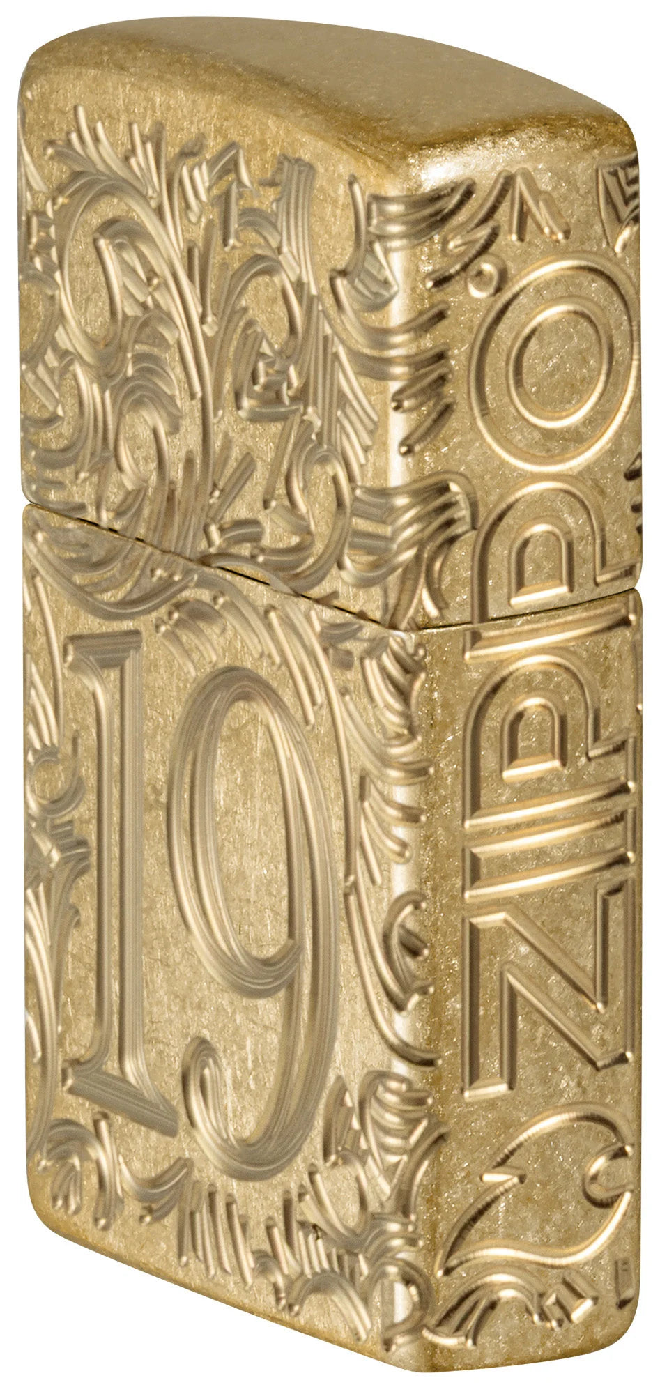 Zippo Filigree Armor 1932 Seitenansicht mit umlaufendem Multi-Cut Muster und Zahl 19