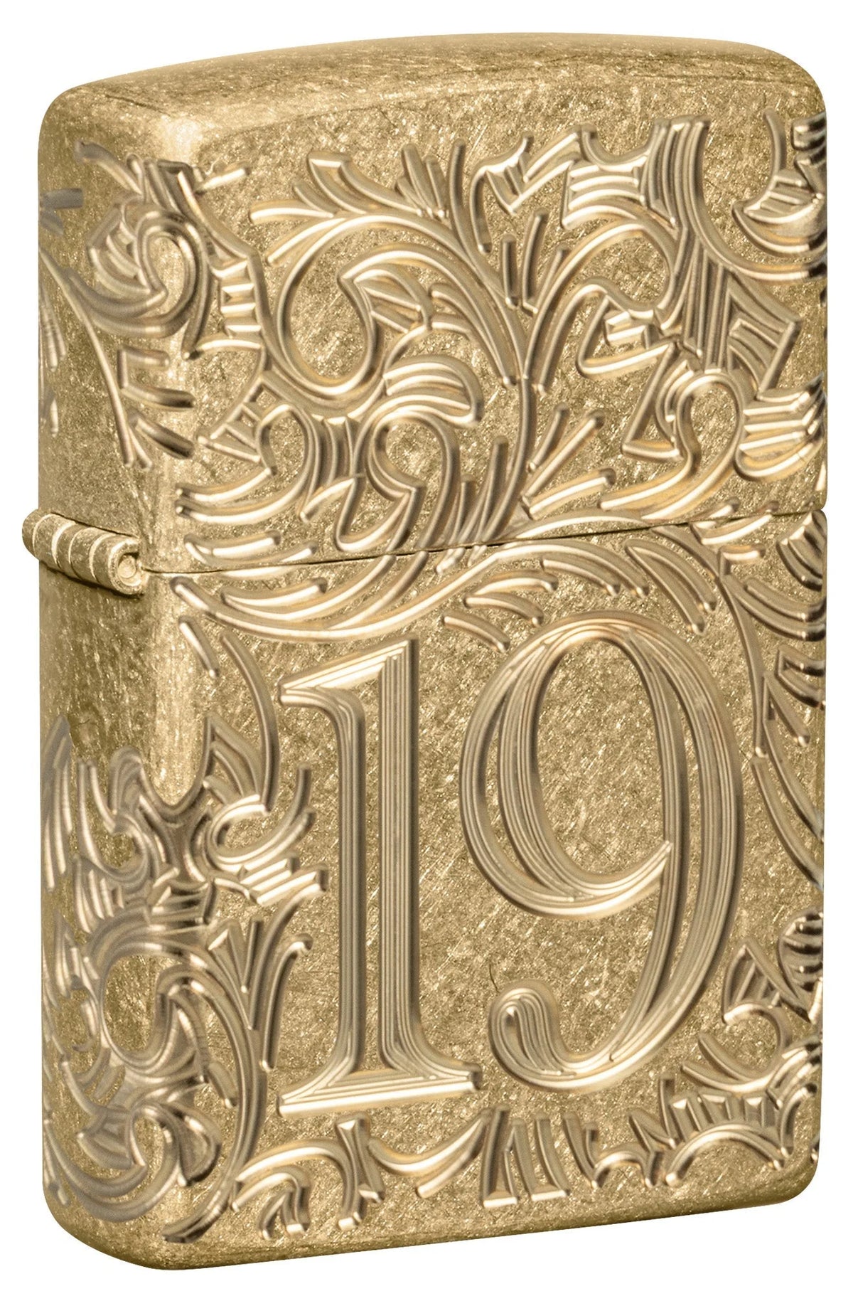 Zippo Filigree Armor 1932 Frontansicht mit goldfarbener Tumbled-Brass-Oberfläche und Zahl 19