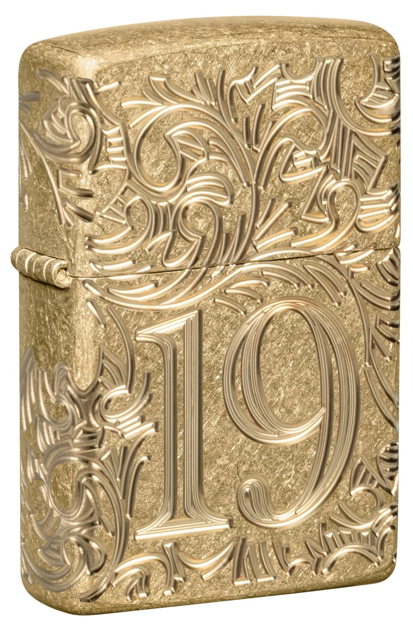 Zippo Filigree Armor 1932 Frontansicht mit goldfarbener Tumbled-Brass-Oberfläche und Zahl 19