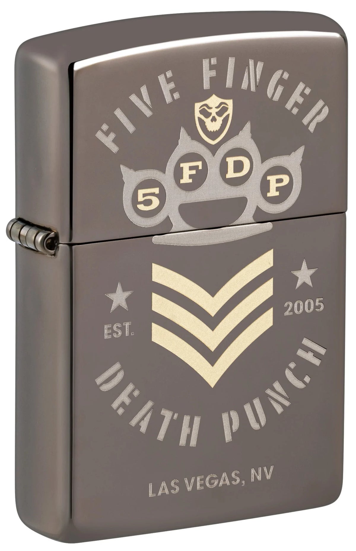 Geschlossenes Zippo Five Finger Death Punch in Black Ice mit Schlagring, Rangzeichen und zweifarbigem Motiv