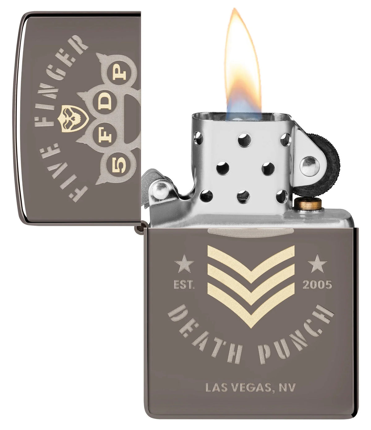 Geöffnetes Five-Finger-Death-Punch-Zippo mit Flamme, silbernem Einsatz und Laser-Two-Tone-Design