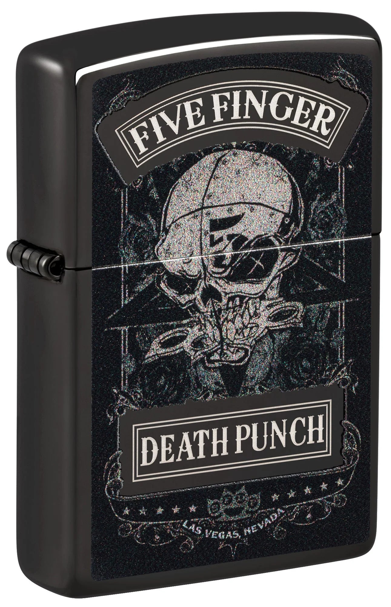 Geschlossenes Zippo Five Finger Death Punch in High Polished Black mit Totenkopf- und Helm-Motiv