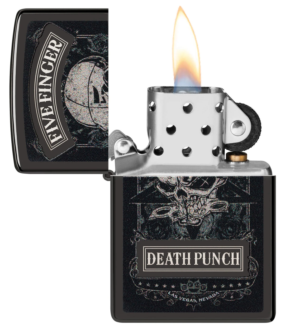 Geöffnetes Five-Finger-Death-Punch-Zippo mit Flamme, silbernem Einsatz und dunklem Bandmotiv