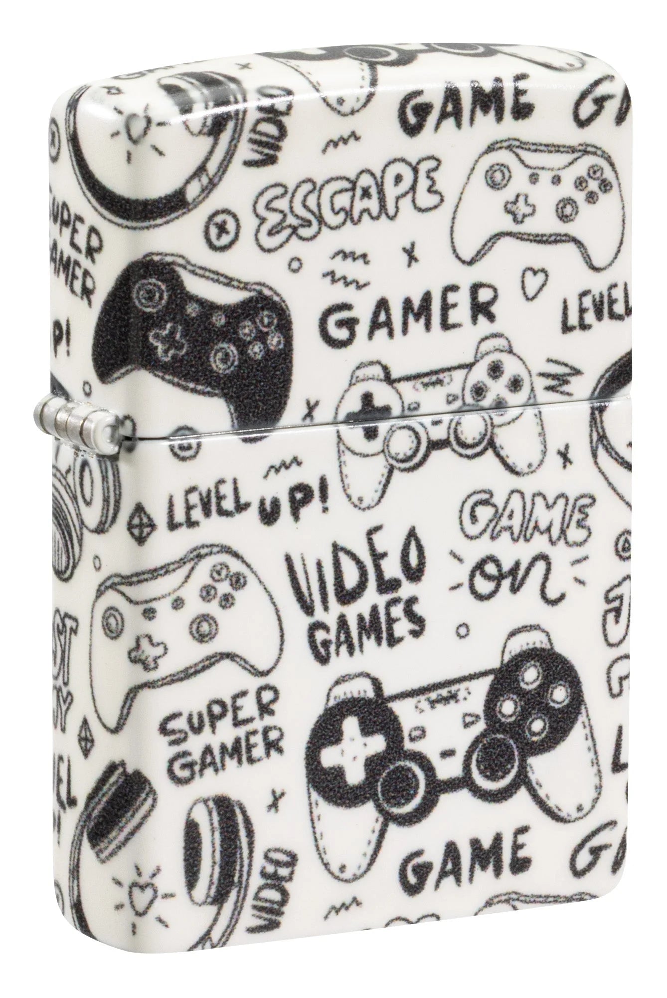 Schrägansicht des Zippo Super Gamer mit weisser 540°-Matte-Oberfläche, Controller-Motiven und Gaming-Schriftzügen.