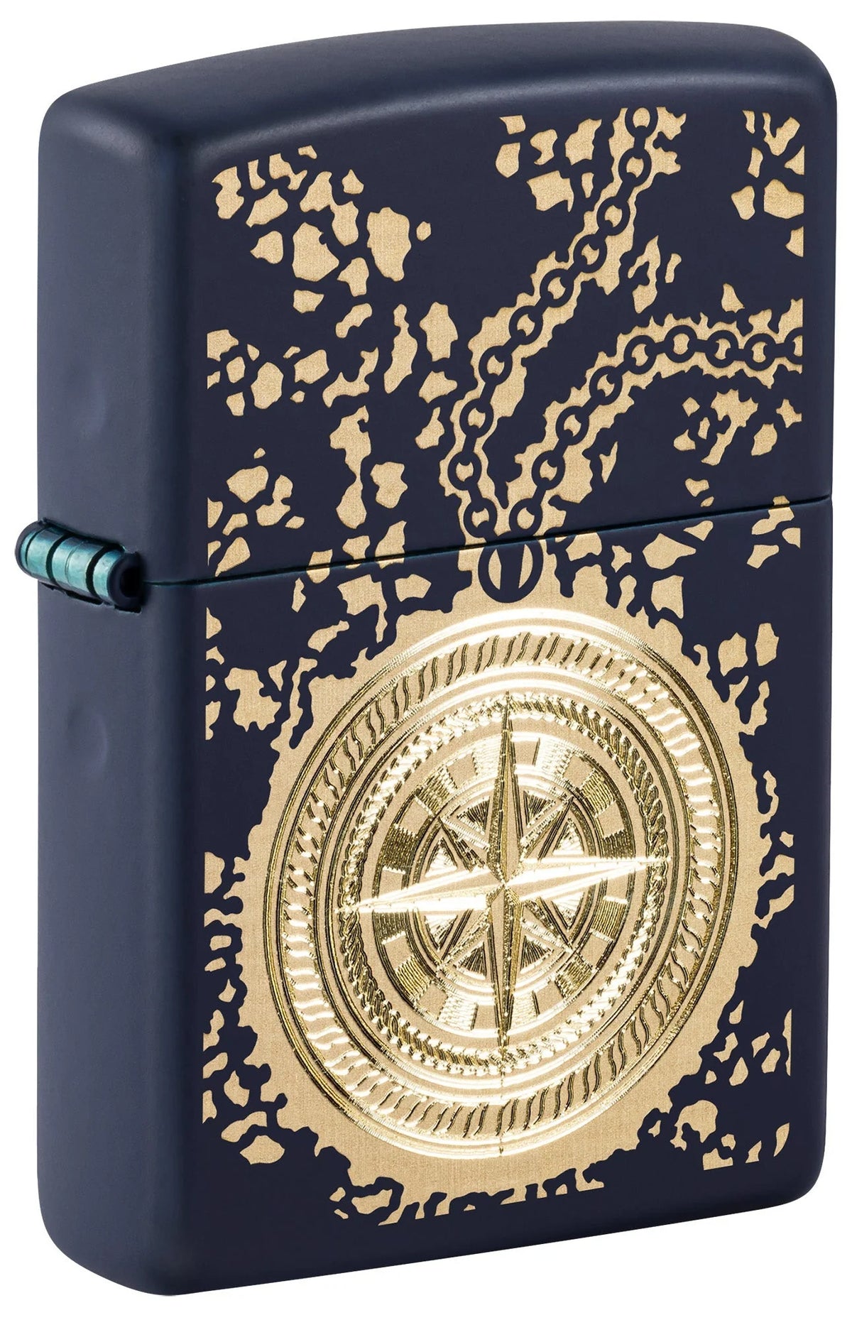 Zippo Feuerzeug goldener Kompass mit matter dunkelblauer Oberfläche und goldfarbenem Motiv