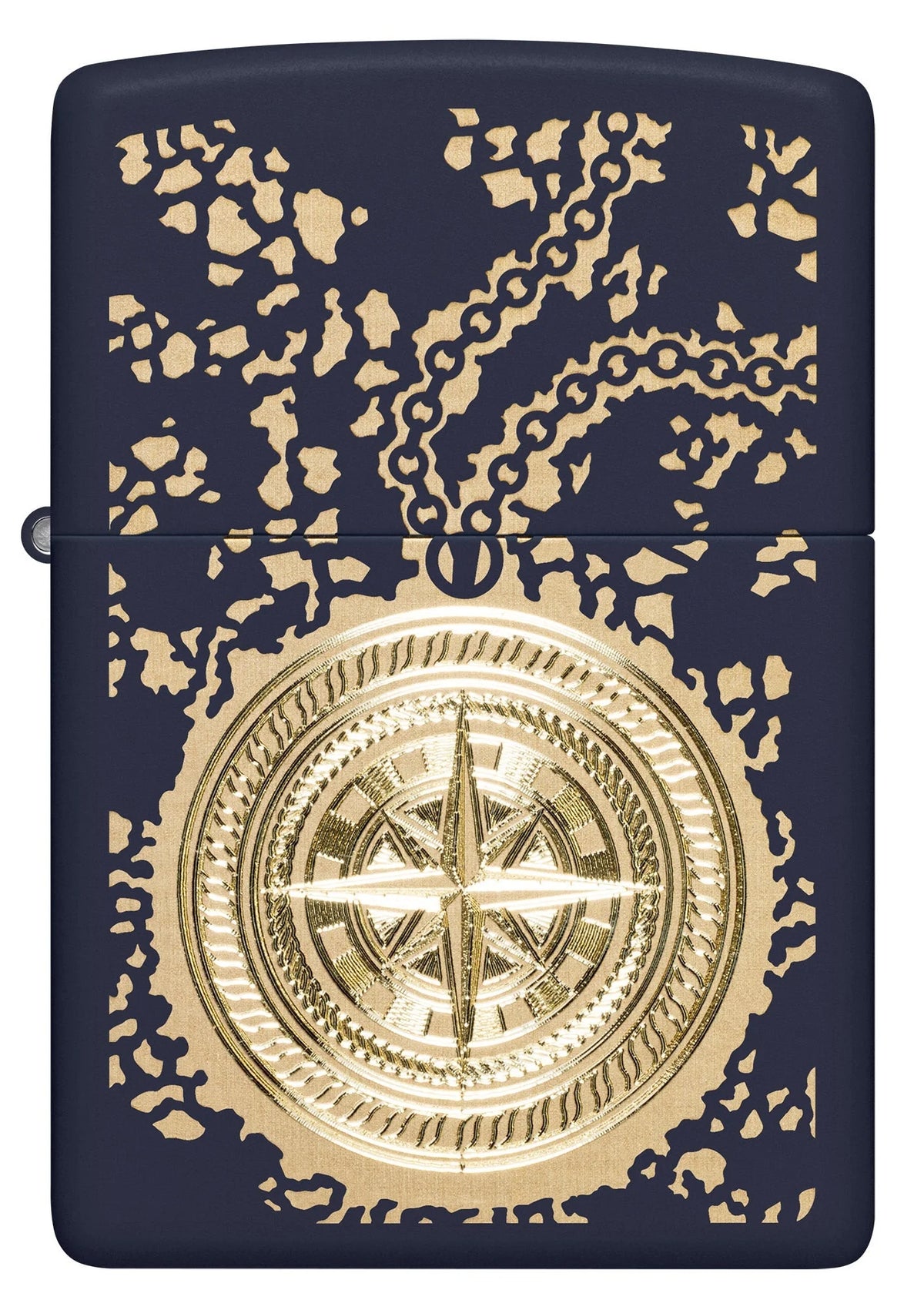 Zippo goldener Kompass Frontansicht mit Kartenmotiv, Kettenstruktur und maritimem Design