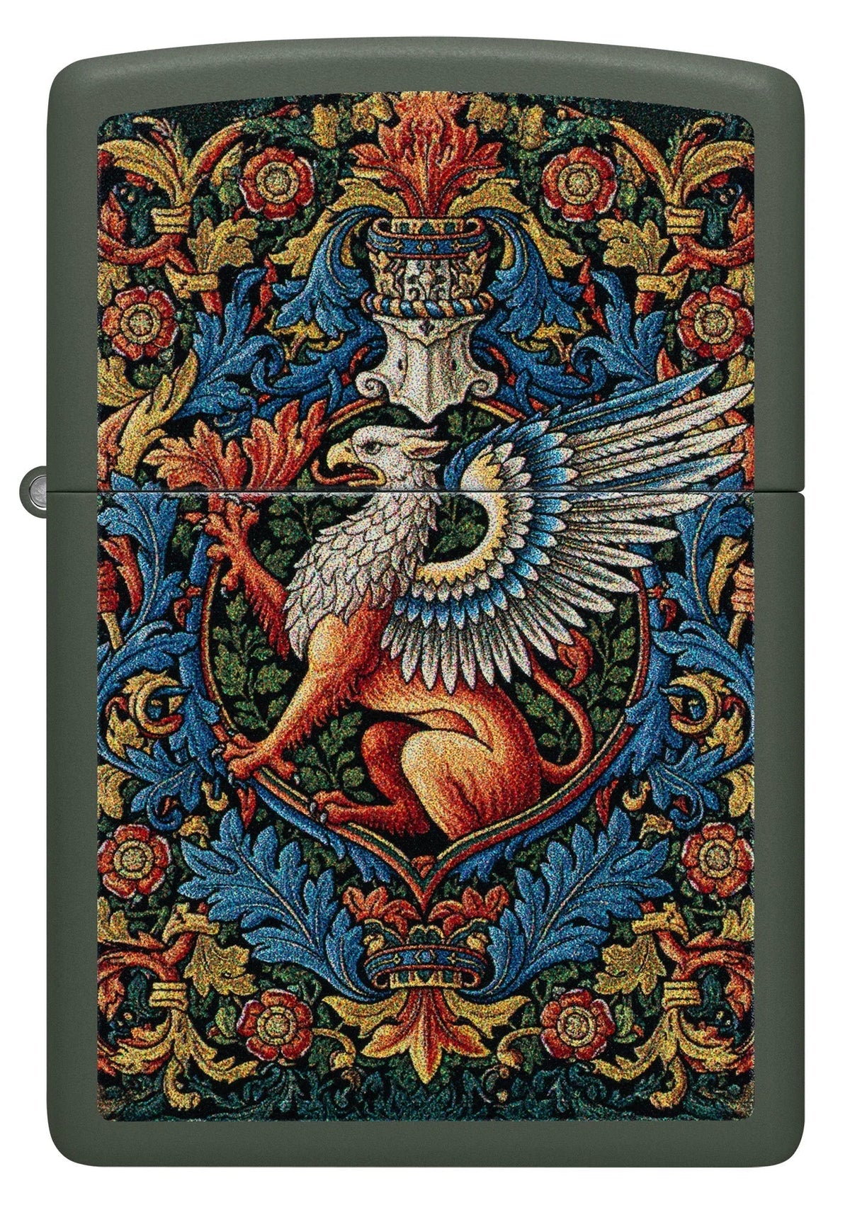 Frontansicht des Zippo Vogel Gryff mit geflügeltem Greif und farbigen mittelalterlichen Blumenornamenten