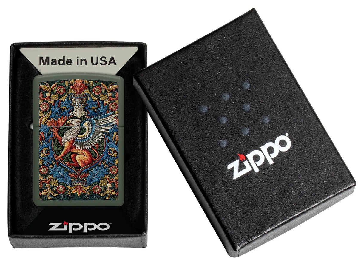 Zippo Vogel Gryff in geöffneter One Box Geschenkverpackung neben schwarzem Deckel mit Zippo Logo