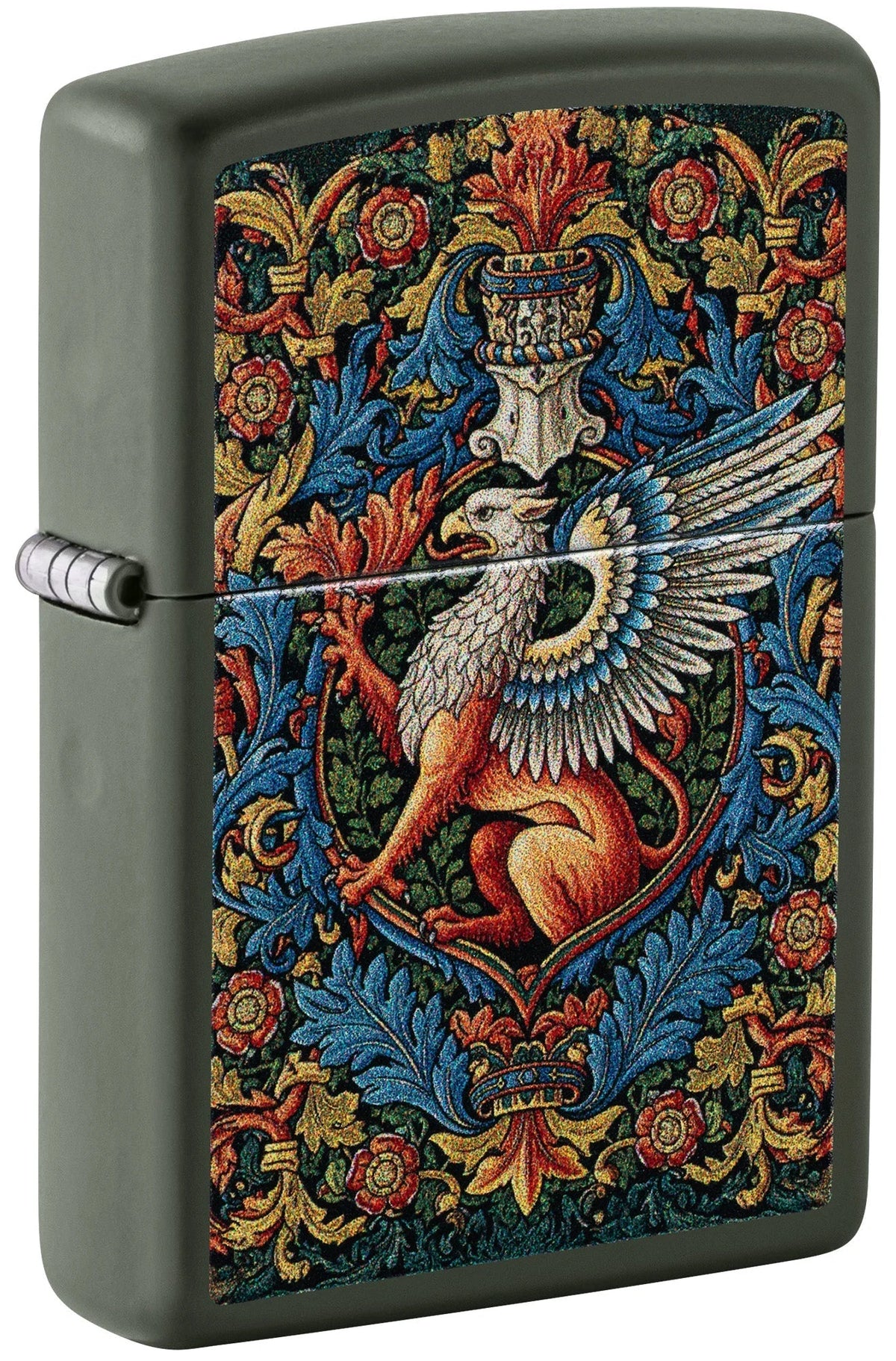 Zippo Vogel Gryff mit farbigem Greif auf mattem, dunkelgrünem Gehäuse in schräger Vorderansicht